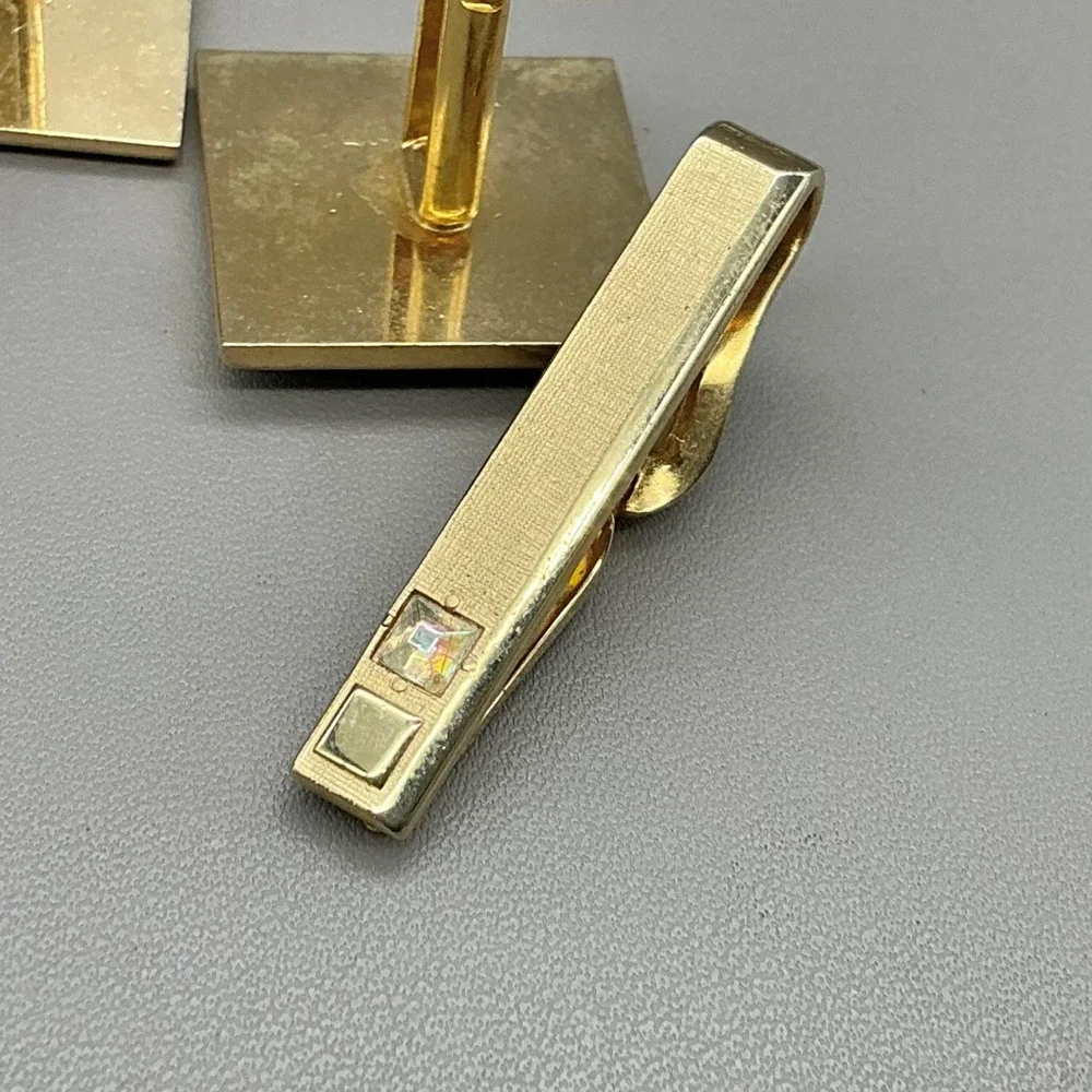 Swank Gold Tone Cufflinks Tie Clip Set AB Rhinestone Mid Century Men's Vintage